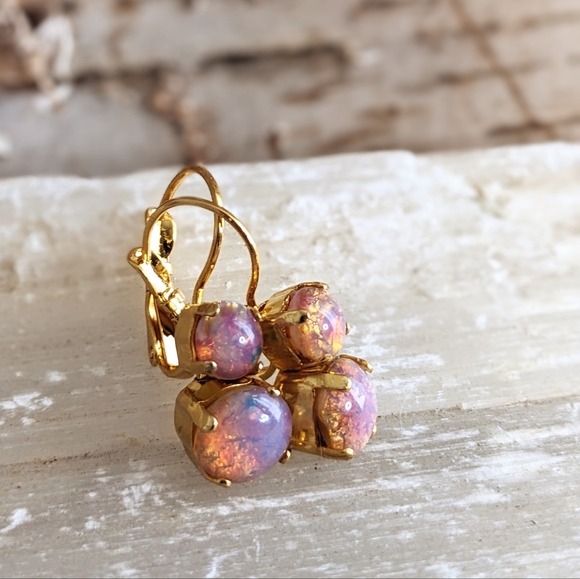 Fiery Pink Fire Opal / Harlequin  In Gold Plated Earrings.. - Picture 2 of 7